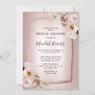 Rose Gold Blush Glitter Ombre Floral Bridal Shower Invitation