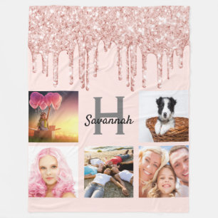 Rose gold blush glitter photo collage name fleece blanket