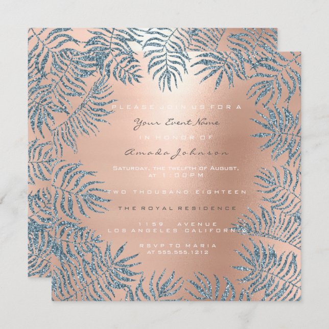 Rose Gold Blush Glitter Powder Floral Blue Pink Invitation (Front/Back)