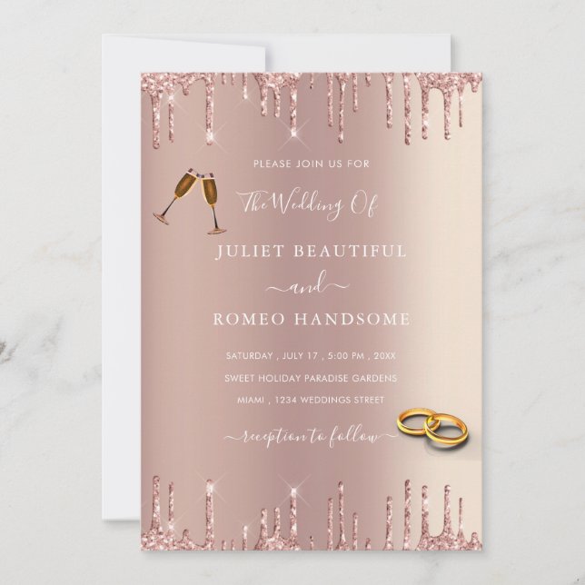 Rose Gold Blush Glitter Rings Wedding Invitation (Front)