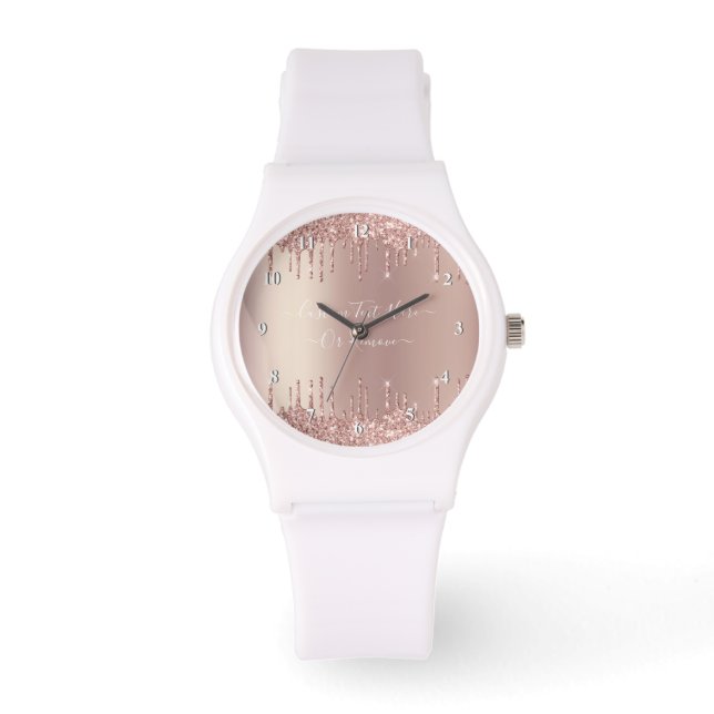 Rose Gold Blush Glitter Sparkle Drips - Add Text Watch (Front)