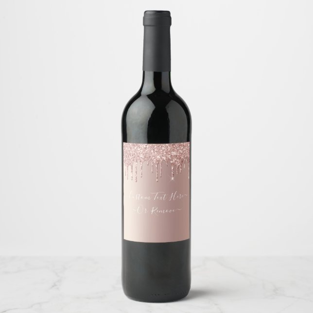 Rose Gold Blush Glitter Sparkle Drips - Add Text Wine Label (Front)