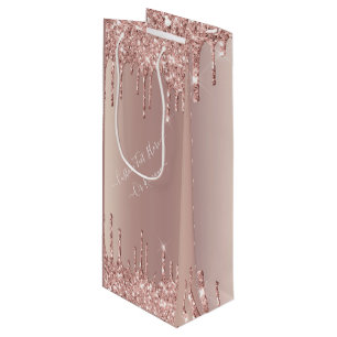 Rose Gold Blush Glitter Sparkle Drips Chic - Text Wine Gift Bag