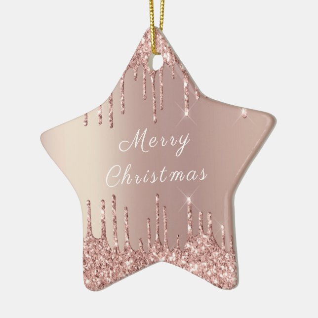 Rose Gold Blush Glitter Sparkle Drips  Christmas  Ceramic Tree Decoration (Left)
