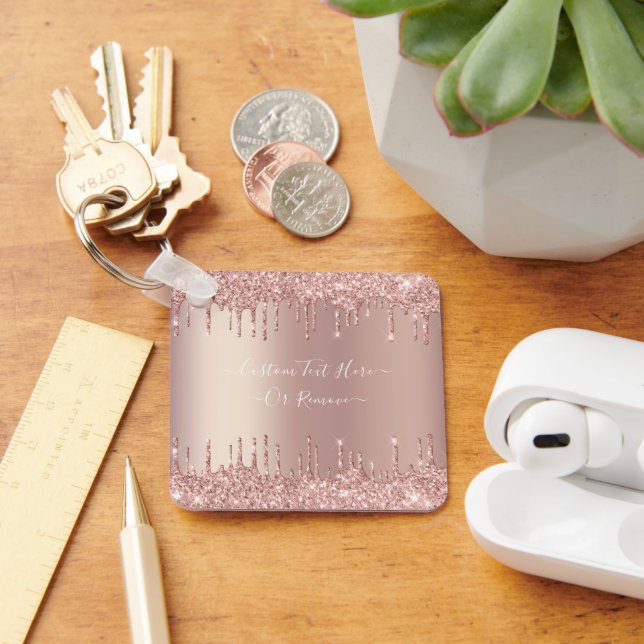 Rose Gold Blush Glitter Sparkle Drips Custom Text  Key Ring (Desk)