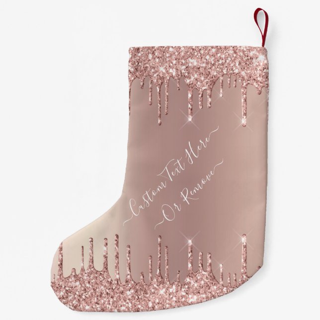 Rose Gold Blush Glitter Sparkle Drips Custom Text  Small Christmas Stocking (Back)