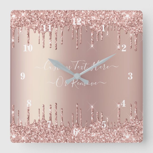 Rose Gold Blush Glitter Sparkle Drips Custom Text  Square Wall Clock (Front)