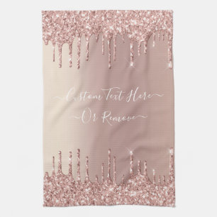 Rose Gold Blush Glitter Sparkle Drips Custom Text Tea Towel