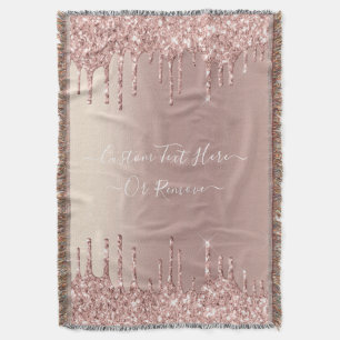 Rose Gold Blush Glitter Sparkle Drips Custom Text Throw Blanket