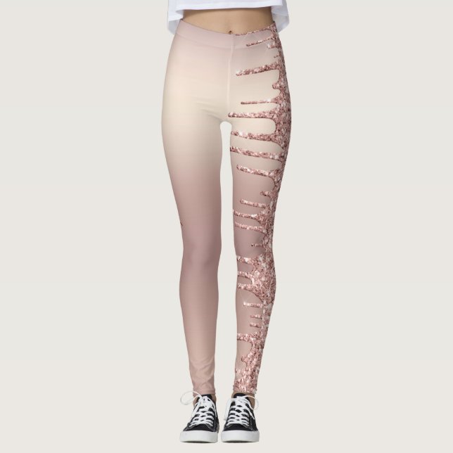 Rose Gold Blush Glitter Sparkle Drips - Text/ Name Leggings (Front)