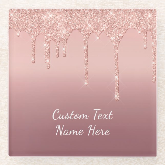 Rose Gold Blush Glitter Sparkle Drips Text Wedding Glass Coaster (Front)