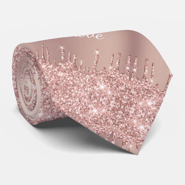 Rose Gold Blush Glitter Sparkle Drips - With Text Tie (Rolled)