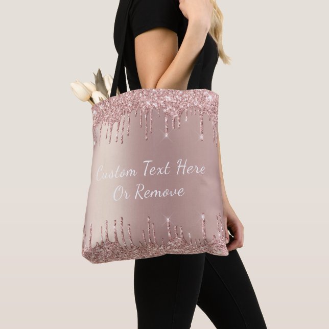 Rose Gold Blush Glitter Sparkle Drips - With Text Tote Bag (Close Up)