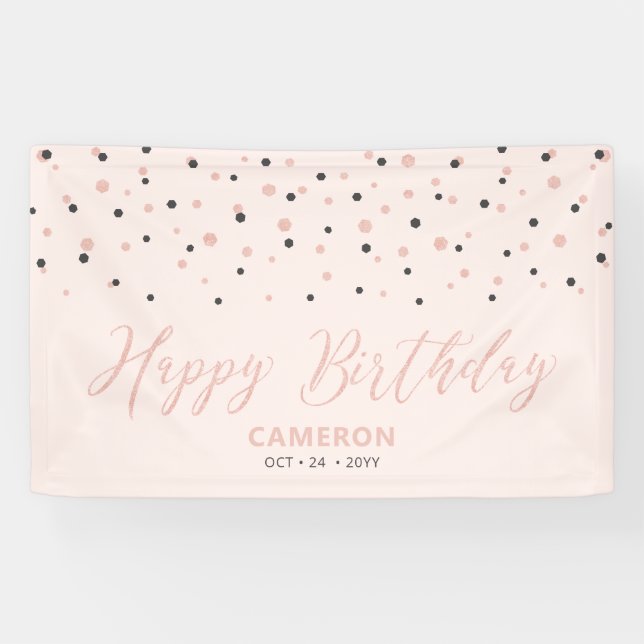 Rose Gold & Blush Hexagon Confetti Happy Birthday Banner (Horizontal)