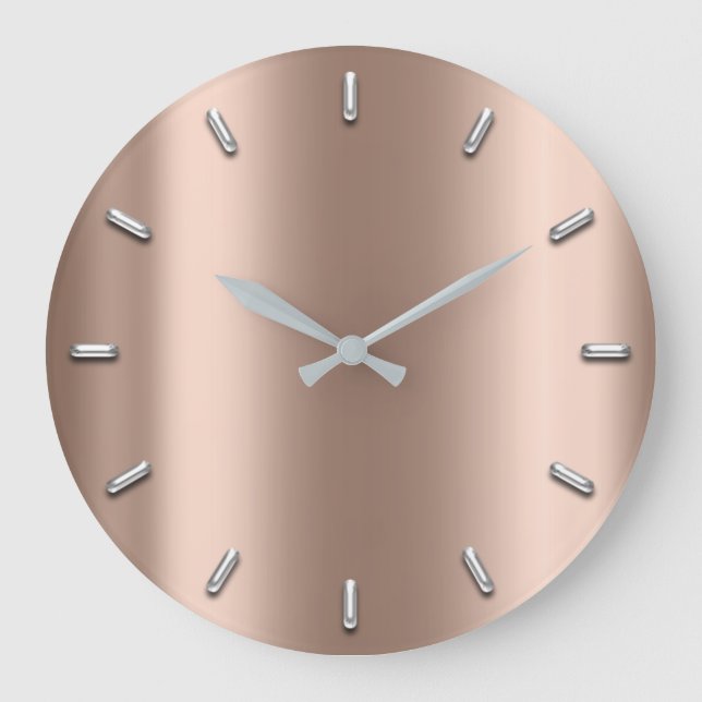 Rose Gold Blush Metallic White Silver Grey Minimal Large Clock (Front)