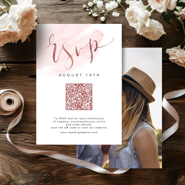 Rose Gold Blush Modern Script wedding QR code RSVP Card (Rose Gold Blush Modern Script wedding QR code RSVP Card)
