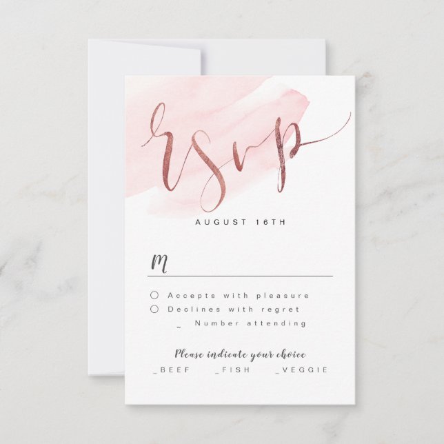 Rose Gold Blush Modern Simple Script wedding RSVP Card (Front)