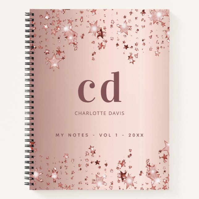 Rose gold blush monogram initials stars notebook (Front)