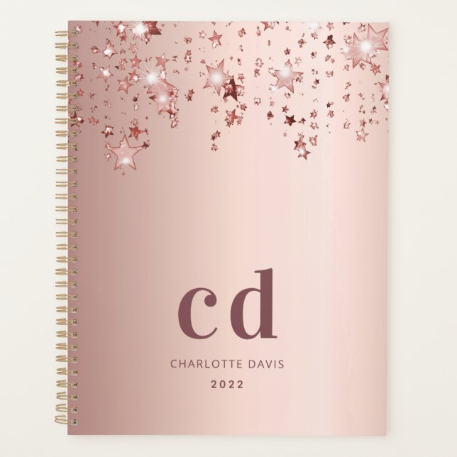 Rose gold blush monogram initials stars planner (Front)