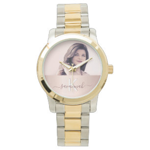 Rose gold blush monogram photo watch