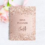 Rose gold blush name script 2026 planner<br><div class="desc">A faux rose gold metallic looking background with confetti.  Personalize and add a name. The name is written in dark rose gold with a large modern hand lettered script,  signature style. Perfect for school,  work or organizing your personal/family life.</div>