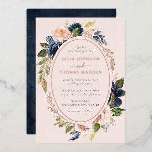 Rose Gold Blush Navy Wedding Floral Foliage 