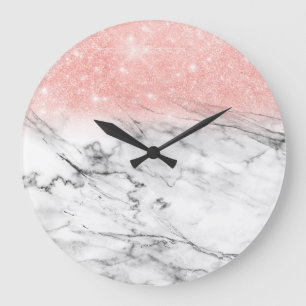 Rose Gold Blush Ombre Glitter on Trendy Marble Large Clock
