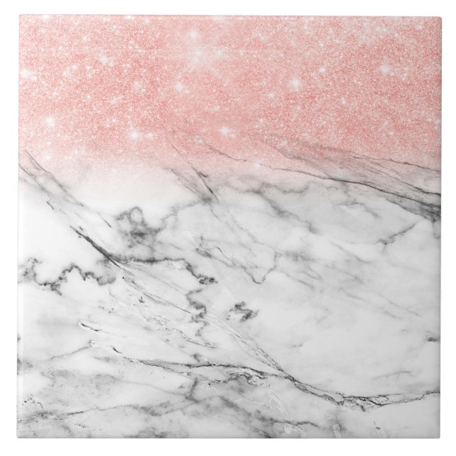 Rose Gold Blush Ombre Glitter on Trendy Marble Tile (Front)