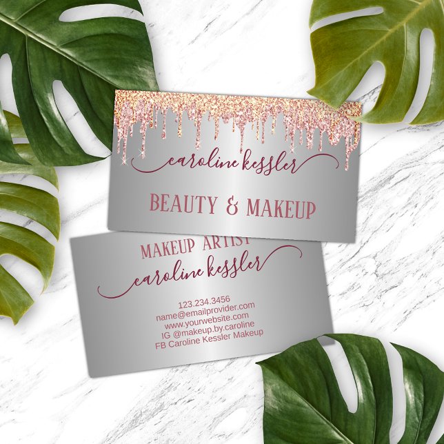Rose Gold Blush Peach Pink Sparkles Drip Silver Business Card (Creator Uploaded)