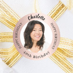 Rose gold blush photo woman birthday classic round sticker<br><div class="desc">A classic rose gold,  blush gradient background,  black text. Text: Happy birthday (x2) Personalise and add a name,  age and photo.</div>