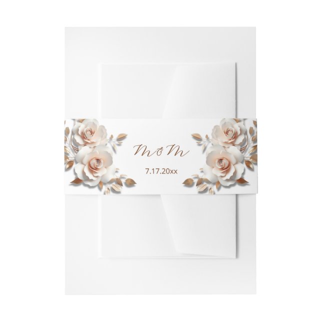 Rose Gold Blush Pink 3D Roses Your Names Wedding Invitation Belly Band (Front Example)
