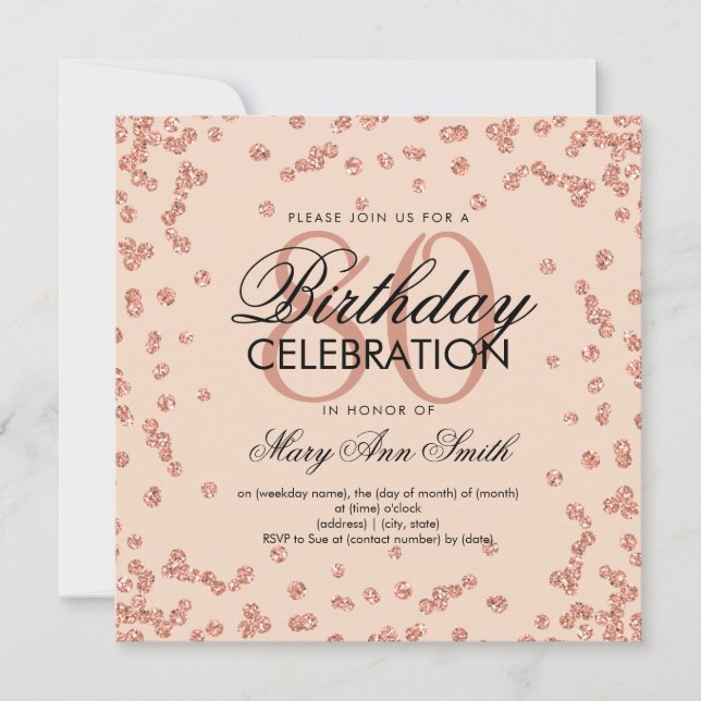 Rose Gold Blush Pink 80th Birthday Glitter Invitation (Front)