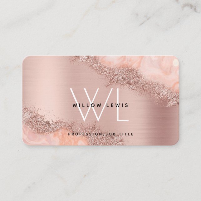 Rose Gold Blush Pink Agate Geode Glitter Monogram  Business Card (Front)