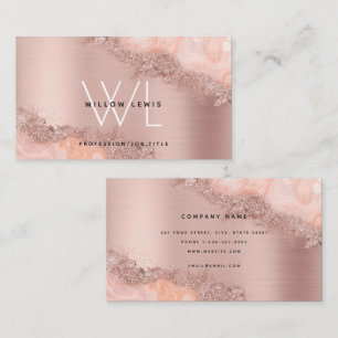 Rose Gold Blush Pink Agate Geode Glitter Monogram Business Card