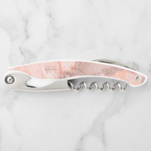 Rose Gold Blush Pink Agate Geode Glitter Monogram Corkscrew
