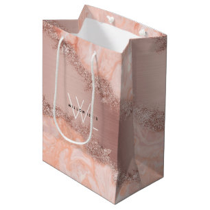 Rose Gold Blush Pink Agate Geode Glitter Monogram  Medium Gift Bag