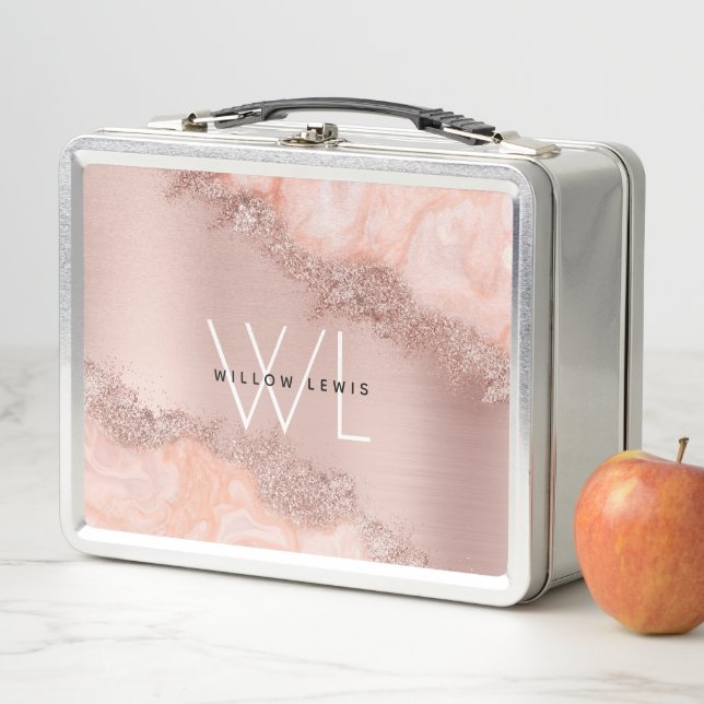 Rose Gold Blush Pink Agate Geode Glitter Monogram  Metal Lunch Box (In Situ)