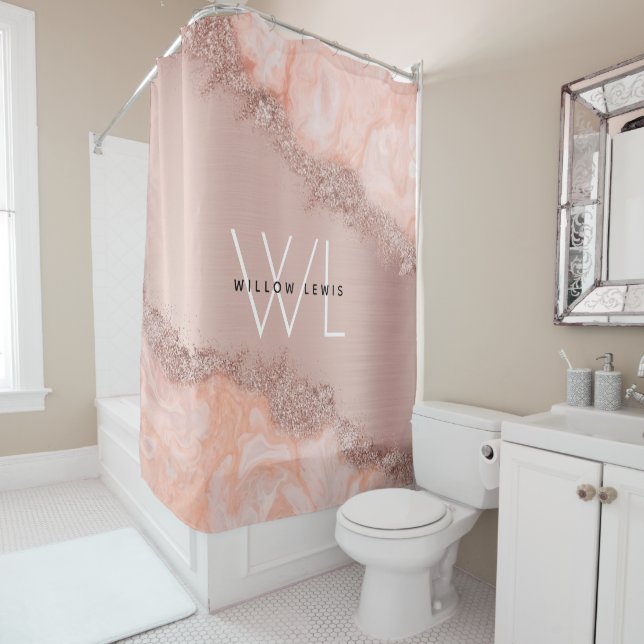 Rose Gold Blush Pink Agate Geode Glitter Monogram Shower Curtain (In Situ)