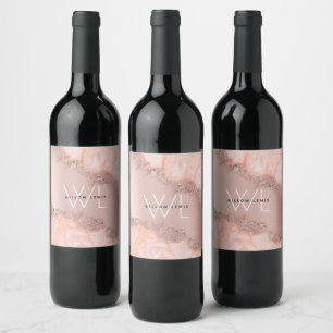 Rose Gold Blush Pink Agate Geode Glitter Monogram Wine Label
