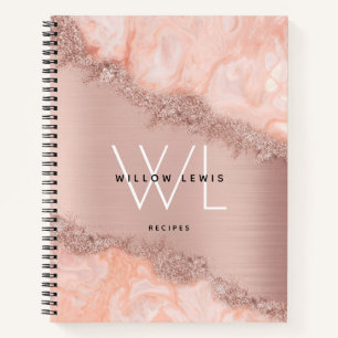 Rose Gold Blush Pink Agate Geode Glitter Recipes Notebook