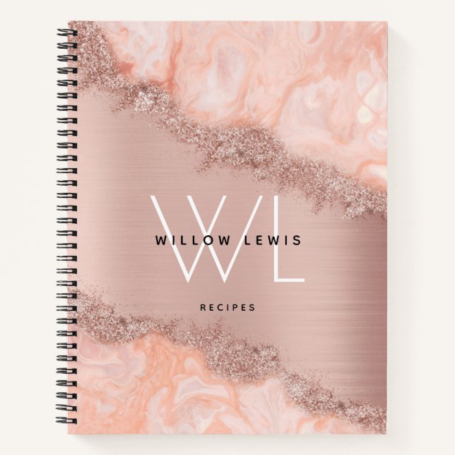 Rose Gold Blush Pink Agate Geode Glitter Recipes Notebook (Front)