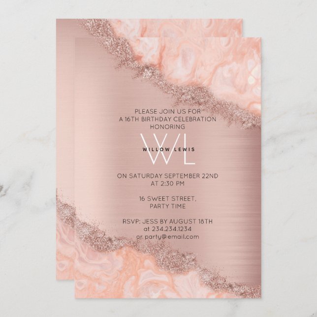 Rose Gold Blush Pink Agate Geode Glitter Sweet 16  Invitation (Front/Back)