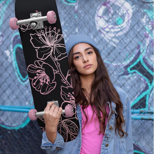 Rose Gold Blush Pink Black Floral Line Art Skateboard (Creator Uploaded)
