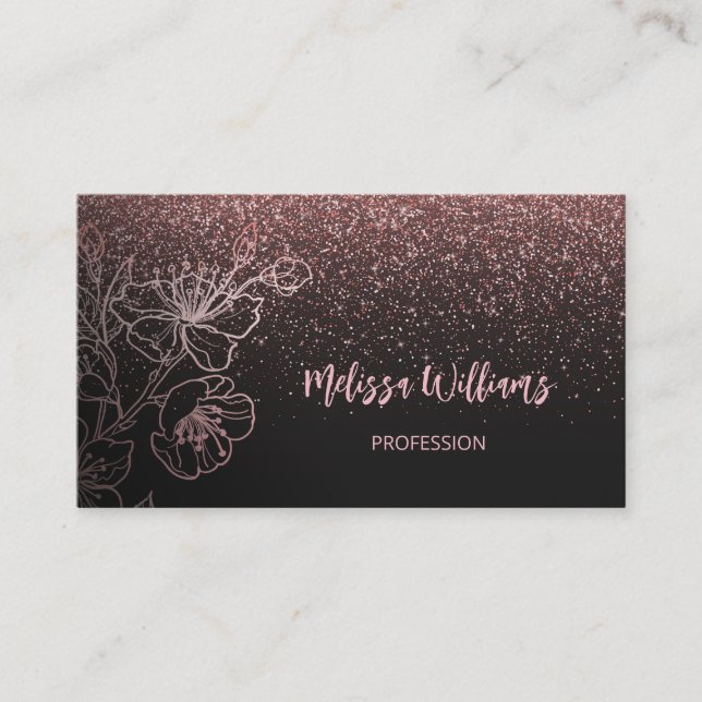 Rose Gold Blush Pink Black Floral | QR Code Business Card (Front)