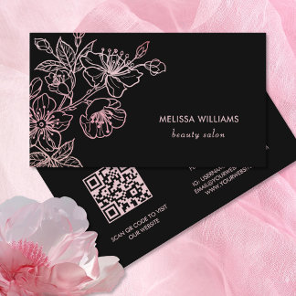 Rose Gold Blush Pink Black Floral | QR Code Business Card