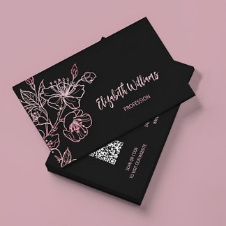 Rose Gold Blush Pink Black Floral | QR Code Business Card