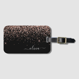 Rose Gold Blush Pink Black Girly Glitter Monogram Luggage Tag