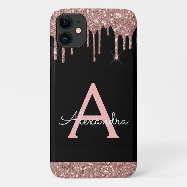 Rose Gold Blush Pink Black Glitter Monogram Case-Mate iPhone Case (Back)