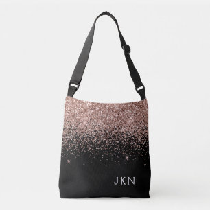 Rose Gold Blush Pink Black Glitter Monogram Crossbody Bag