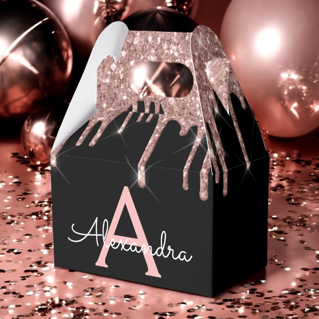 Rose Gold - Blush Pink Black Glitter Monogram Favour Box (Creator Uploaded)